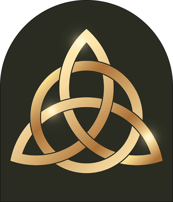 Golden Celtic triquetra symbol on a dark background.