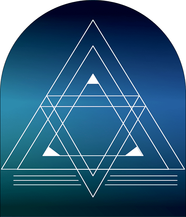 Geometric design with overlapping triangles on a blue gradient background.